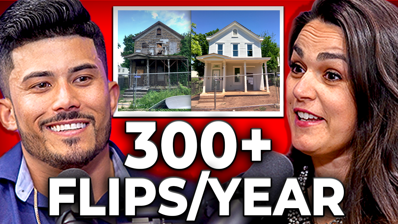 Podcast episode with Ryan Pineda and Stephanie Betters discussing 300 real estate flips per year