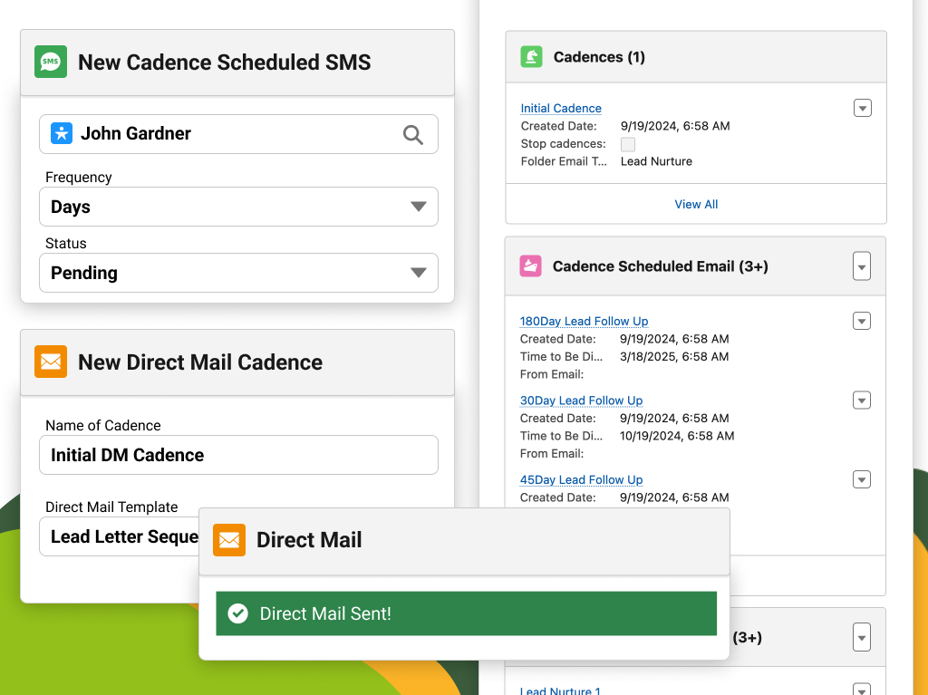 Cadence interface showing lead follow-up tasks and automated sequences in Left Main REI’s CRM