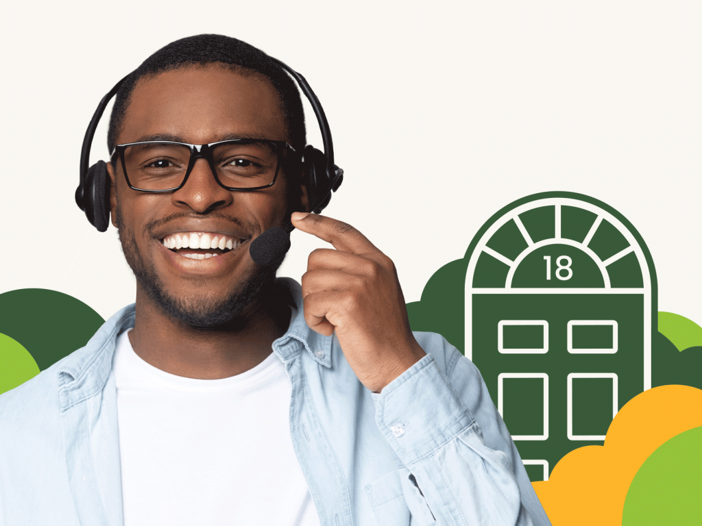 Support team member wearing headset with Left Main REI branding in the background