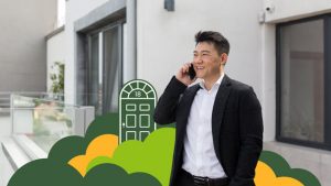 Smiling investor talking on the phone on a balcony with Left Main REI branding in background