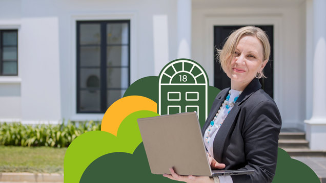 Managing deals in the field with laptop outside a property, featuring Left Main REI branding