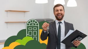 Cheerful investor holding out keys in front of Left Main REI branding, symbolizing a closed deal