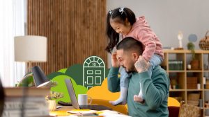 Real estate investor working at desk with child on shoulders and Left Main REI branding in background