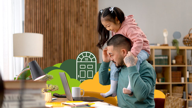 Real estate investor working at desk with child on shoulders and Left Main REI branding in background