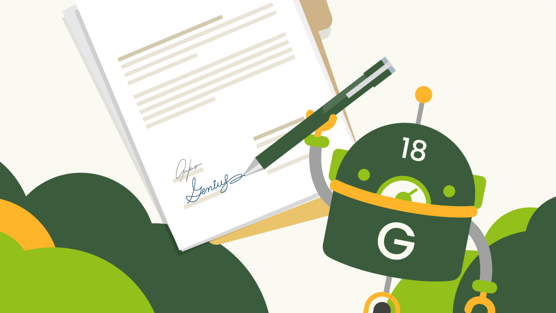 Left Main Genius mascot signing a contract, symbolizing investor funding for the product