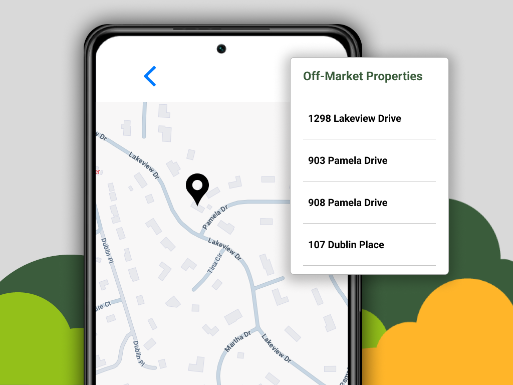 Phone screen displaying off-market properties on a map, powered by Left Main REI’s CRM