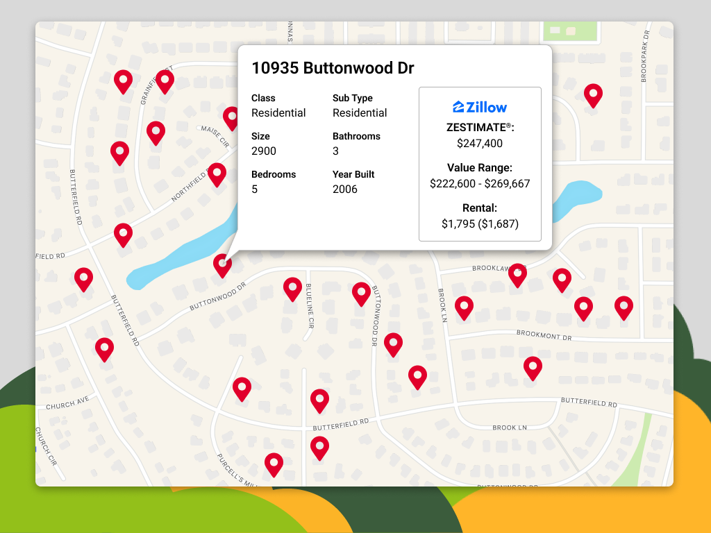 Map view showing property details from ATTOM data including Zestimate estimate