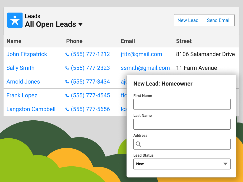 Left Main REI CRM interface displaying open leads and new lead creation panel