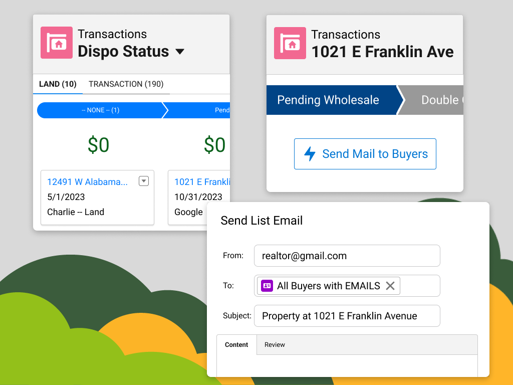 CRM interface showing disposition status, email activity, and current deal pipeline