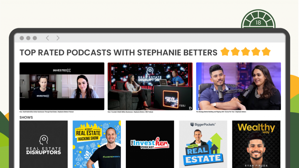 Graphic showcasing podcasts featuring Stephanie Betters, CEO of Left Main REI